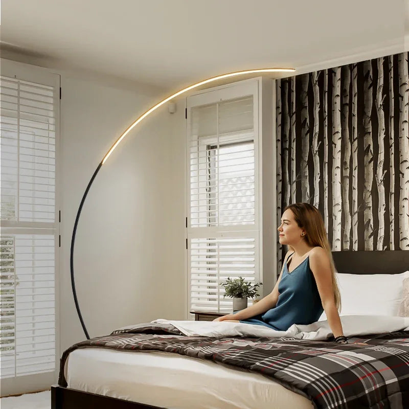 Lampadaire Led nordique moderne en forme d'arc, lumière sur pied avec télécommande à intensité variable, pour salon, chambre à coucher, canapé, étude, éclairage décoratif
